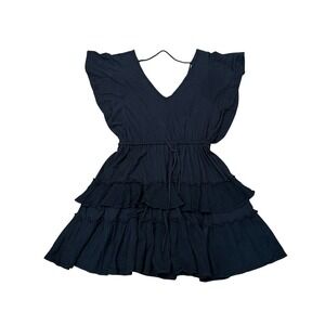 Free People Black Ruffle Tiered Mini Dress Flutter Sleeve Small S Resort Beach